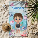 Personalized Underwater World Jellyfish Dolphin Cartoon Character Quick Dry Oversized Beach Towel with Name Vacation Travel Birthday Gift for Kids