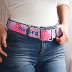 Personalised Embroidery Pink Flower Fantasy Butterfly Canvas Belt with Name and Adjustable Buckle Birthday Gift for Women Girls
