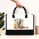 Personalized Cute Watercolor Elephant Large Canvas Tote Bag with Name Birthday Appreciation Gift for Elephant Lovers Family Friend