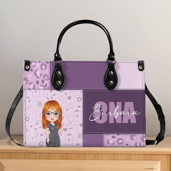 Personalizada Leopardo Imprimir Cartoon Médico Carácter PU Bolsa de cuero con el nombre de la enfermera de la semana de cumpleaños de regalo para el asistente médico de la enfermera médico