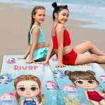Personalized Underwater World Jellyfish Dolphin Cartoon Character Quick Dry Oversized Beach Towel with Name Vacation Travel Birthday Gift for Kids
