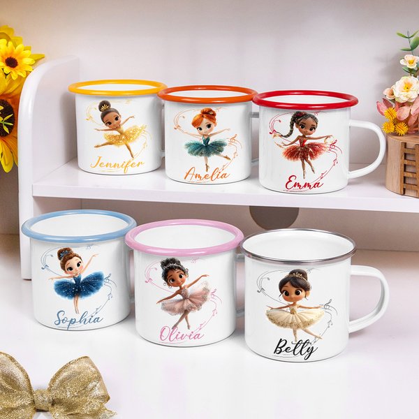 Personalised Cute Cartoon Ballet Girl 12 oz Multicolor Rim Enamel Mug with Name Birthday Christmas Gift for Girls