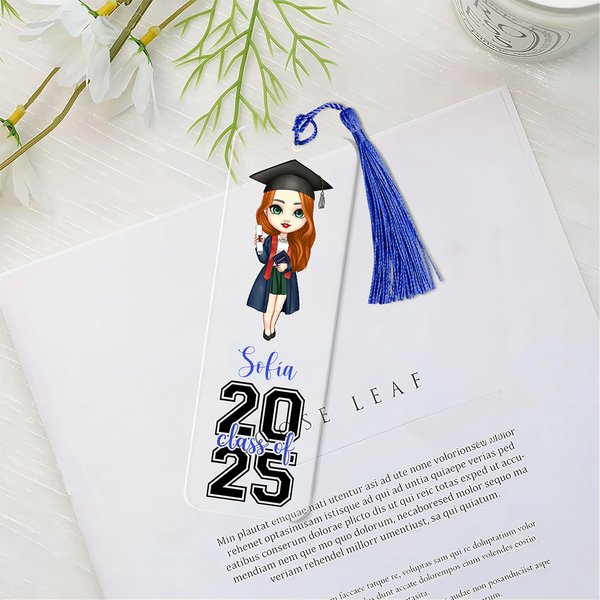 2025 Marcapáginas personalizado acrílico transparente con personaje en caricatura nombre y año regalo de graduación para amantes de los libros