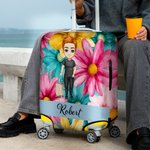 Personalizado colorido de la flor de rayas de dibujos animados de viaje de caracteres funda de equipaje se adapta a 18-32 pulgadas maleta con el nombre de regalo de cumpleaños para los amigos de la fa