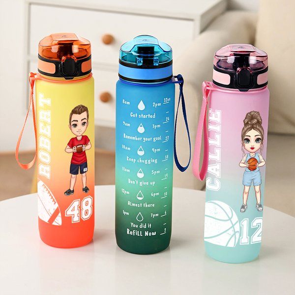 Personalised Gradient Cartoon Character 32 oz Sport Water Bottle with Name and Time Marker Birthday Team Gift for Basketball Football Sport Lovers