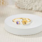 Personalized Dog Paw Print Birthstone Adjustable Open Ring with Engraved Initial Birthday Memorial Remembrance Gift for Women Pet Lovers