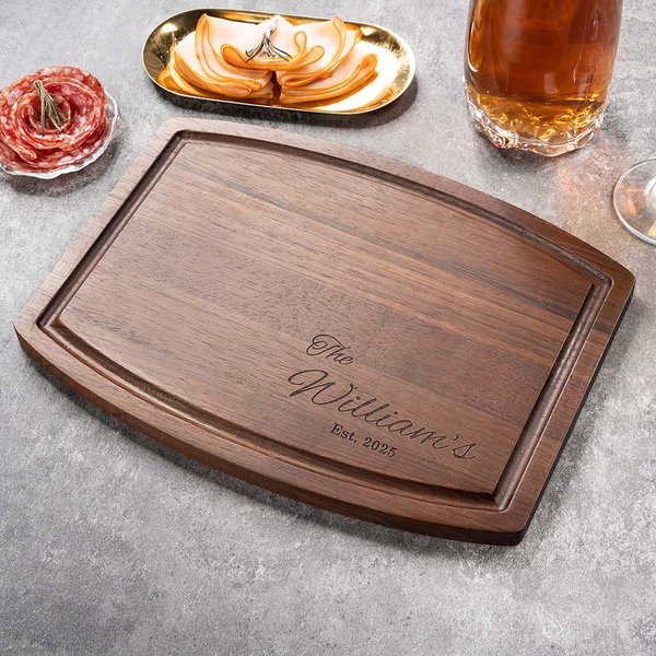 Personalised Engraved Leaf Charcuterie Chopping Board with Name Date and Juice Groove Housewarming Wedding Gift for Family