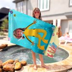 Personalized Cartoon Diving Kid Character Quick Dry Oversized Beach Towel with Face Photo Travel Essentials Summer Vacation Gift for Boys Girls