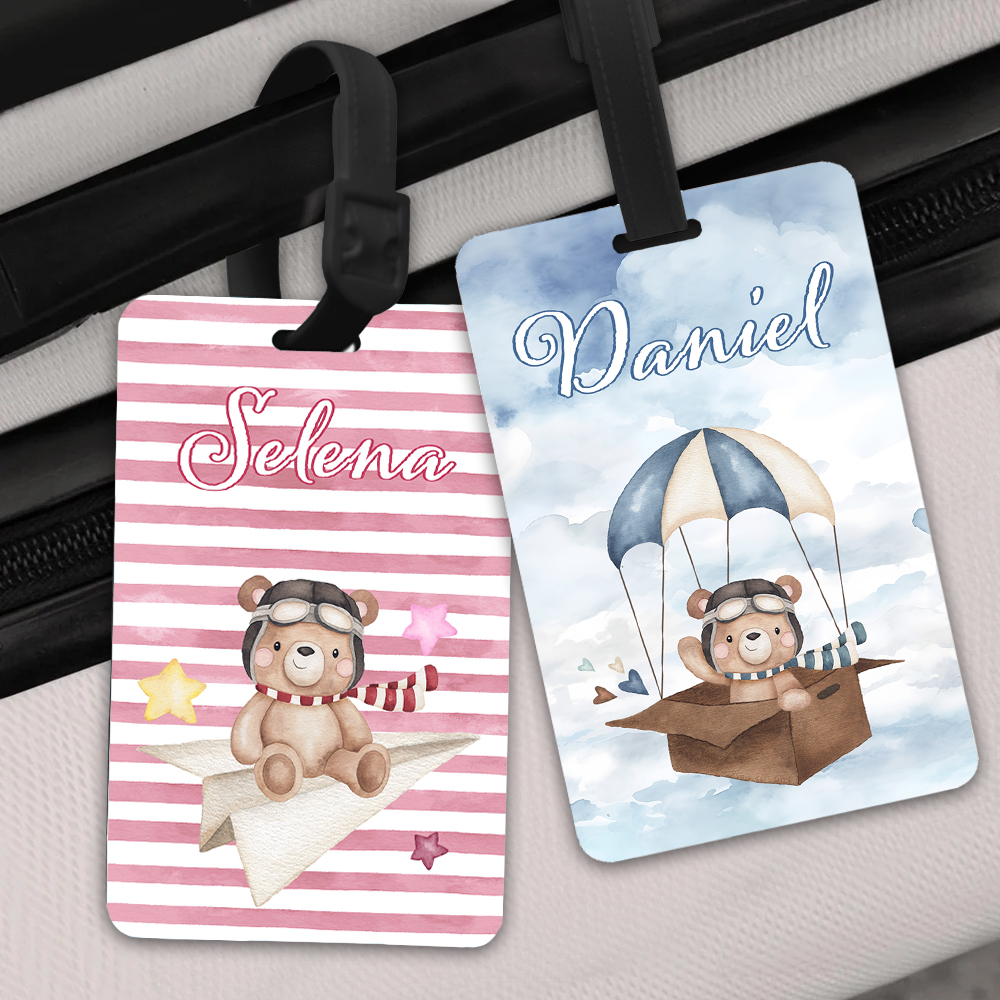 Etiquette de bagage personnalisée avec le nom de l'ourson pilote aquarelle Accessoires de voyage Cadeau d'anniversaire pour garçons filles