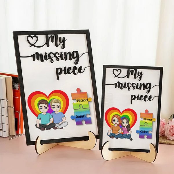 Personalized My Missing Piece Cartoon Character Heart Rainbow Wooden Frame Painting with Names Valentine's Day Anniversary Gift for Couple