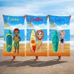 Toalla de playa personalizada con personaje de dibujos animados con tabla de surf y nombre secado rápido regalo de viaje para mujer y hombre