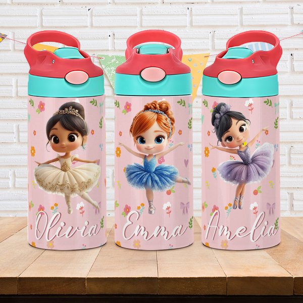 Personalisierte niedliche 3D Ballett Mädchen 12 oz isolierte Wasserflasche mit Strohhalm und Spill-Proof-Deckel Geburtstag zurück zu Schule Geschenk für Ballerina Kinder
