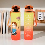 Personalized Cartoon Characters Birth Flower 32oz Motivational Sport Water Bottle with Time Marker and Name Birthday Gift for Family