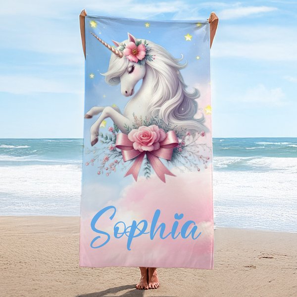 Personalized Fantasy Unicorn Clouds Flower Soft Quick Dry Oversized Beach Towel with Name Vacation Beach Accessories Birthday Gift for Women Girls