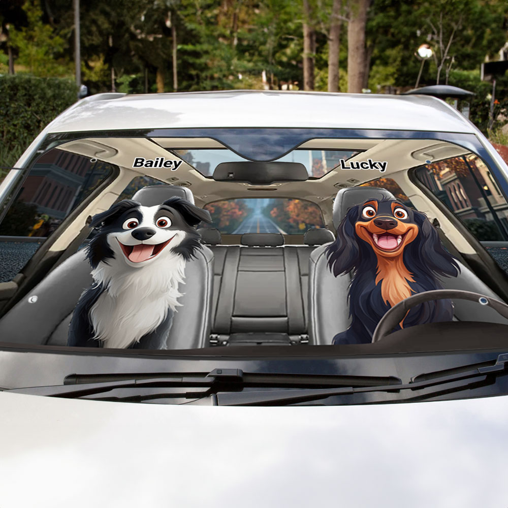 Pare-Soleil Voiture Personnalisé avec 1-4 Motifs de Chien en 3D et Noms Style Cartoon Drôle Cadeau Anniversaire Vacances pour Propriétaires Canins