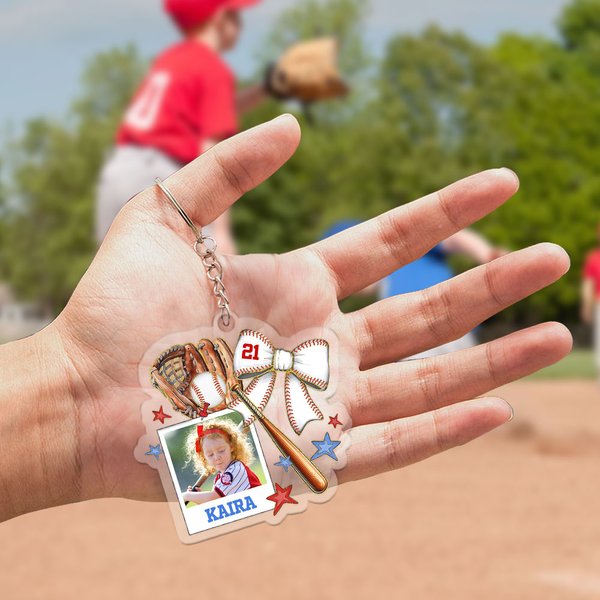 Personalised Photo Baseball Bow Style Acrylic Keychain with Name Team Game Day Birthday Gift for Sports Lover