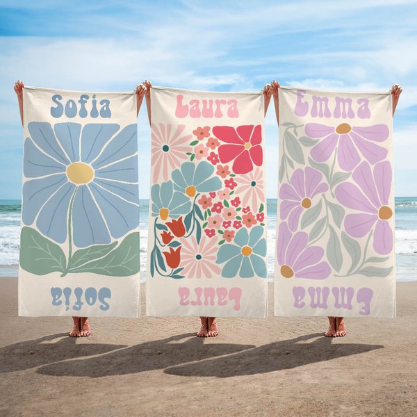 Toalla de playa personalizada de secado rápido con flores multicolor y nombre regalo para mujeres vacaciones de verano y fiesta en la piscina