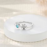 Personalized Dog Paw Print Birthstone Adjustable Open Ring with Engraved Initial Birthday Memorial Remembrance Gift for Women Pet Lovers