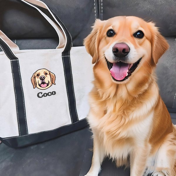 Personalized Embroidered 1-4 Dog Cat Pet Portrait Photos Oxford Tote Bag with Names Birthday Mother's Day Gift for Pet Mom Lover