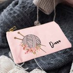 Bolsa de maquillaje de lona con nombre y cremallera para regalo de cumpleaños para los amantes de tejer