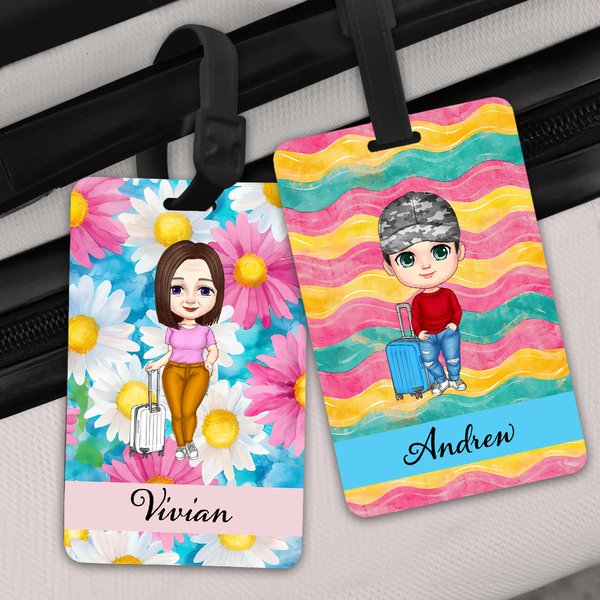 Personalized Cartoon Character Summer Vacation Style Luggage Tag with Name Travel Essential Anniversary Birthday Gift for Family Friends