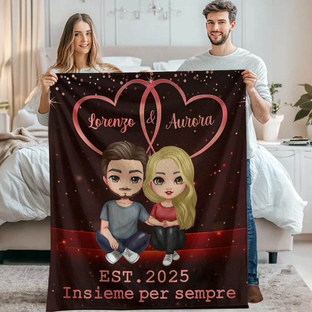 Coperta personalizzata con una coppia in stile cartone animato cielo stellato cuore morbida con nomi e anno