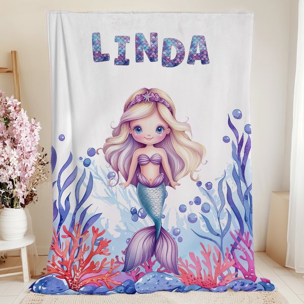 Personalized Fantasy Mermaid Underwater World Soft Throw Blanket with Name Home Decor Birthday Gift for Girls