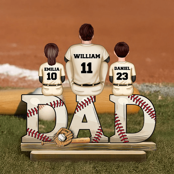 Personalized Cartoon Baseball Dad Standing Wooden Plaque with 1-5 Names and Numbers Home Decor Birthday Father's Day Gift for Dad Grandpa