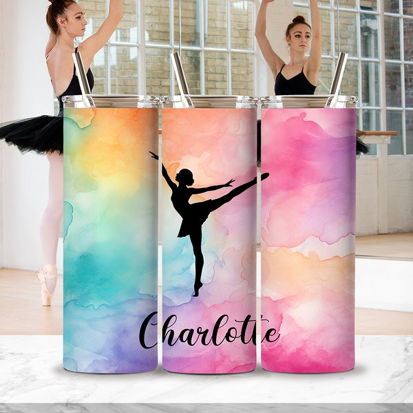 Personalized Watercolor Dance Silhouette 20 oz Insulated Skinny Tumbler with Name Dance Performance Appreciation Birthday Gift for Dancers