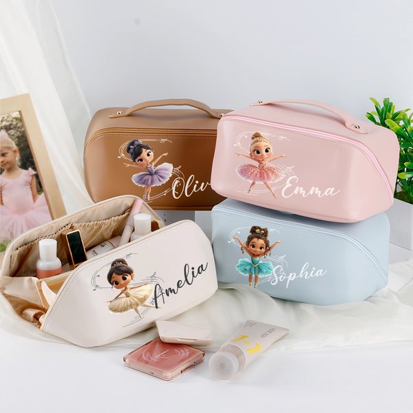 Bolsa de maquillaje de piel de PU con nombre para niña de ballet en 3D personalizada Accesorios de viaje portátiles Regalo de cumpleaños para niñas bailarinas
