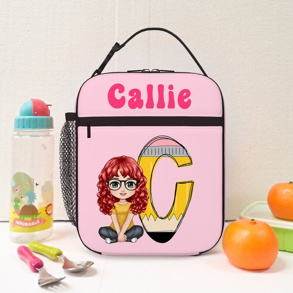 Personalizada de dibujos animados de Apple lápiz inicial aislante bolsa de almuerzo con el nombre de viaje diario de vuelta a la escuela regalo de cumpleaños para los niños estudiantes