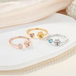 Personalized Dog Paw Print Birthstone Adjustable Open Ring with Engraved Initial Birthday Memorial Remembrance Gift for Women Pet Lovers