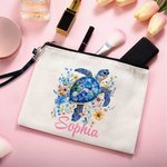 Personalised Floral Sea Turtle Makeup Bag with Name and Wrist Strap Travel Accessory Birthday Gift for Women