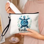 Personalised Floral Sea Turtle Makeup Bag with Name and Wrist Strap Travel Accessory Birthday Gift for Women