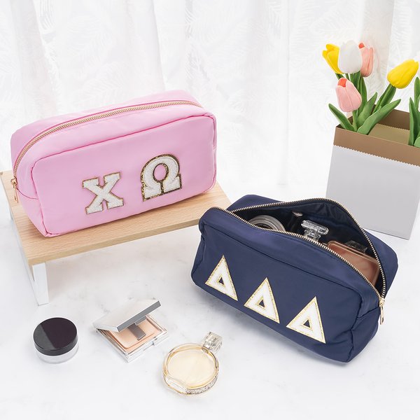 Personalized Chenille Patch Greek Letter Sorority Makeup Pouch Bag Travel Essential Birthday Gift for Sisters Friends | Callie × Affinity Licensing