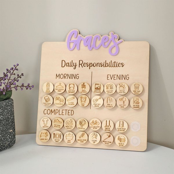 Personalized Name Daily Responsibilities Chore Chart with Hook and Loop and Token Daily Interactive Room Decor Birthday Gift for Kids Parents