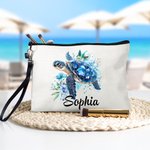 Personalised Floral Sea Turtle Makeup Bag with Name and Wrist Strap Travel Accessory Birthday Gift for Women