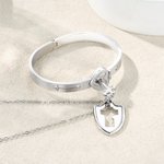 Personalized Birthstone Cross Key Necklace Unlock Heart Bracelet Set with Engraved Text Christening Birthday Anniversary Gift for Women Believers