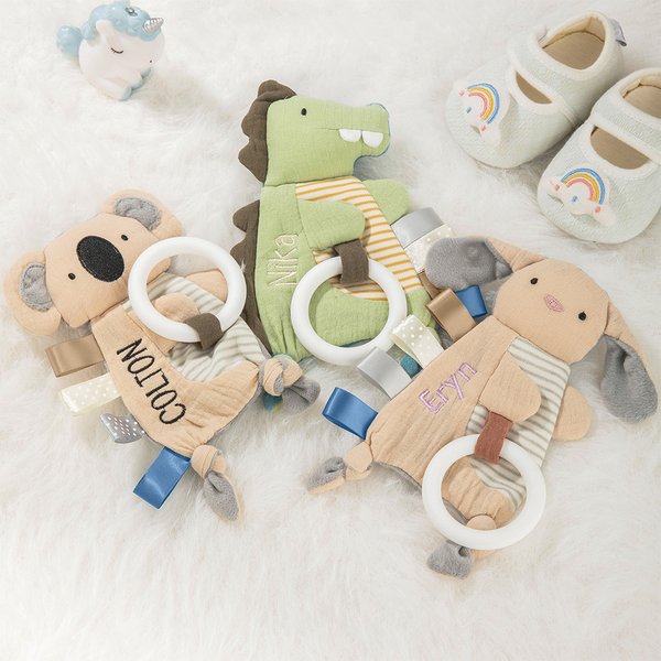Personalized Cute Dino Rabbit Koala Teether Crinkle Baby Security Blanket with Embroidered Name Birthday Baby Shower Gift for Newborns
