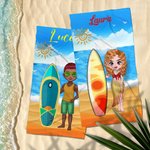 Toalla de playa personalizada con personaje de dibujos animados con tabla de surf y nombre secado rápido regalo de viaje para mujer y hombre