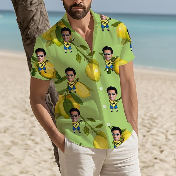 Personalized Hawaiian Style Lemon Theme Face Photo Soft Shirt Beach Party Vacation Birthday Gift for Family Friends Travel Lovers