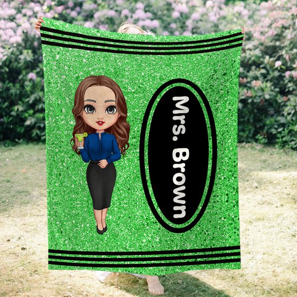 Personalized Glitter Colored Crayon Design Cartoon Character Soft Throw Blanket with Name Teacher's Day Appreciation Back to School Gift for Teachers