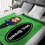 Coperta morbida con nome per la festa dell'insegnante con design a pastelli colorati personalizzati, personaggio dei cartoni animati.