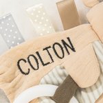 Henkilökohtainen Söpö Dino Rabbit Koala Teether Crinkle Baby Security Blanket kirjailtu nimi Syntymäpäivä Baby Shower lahja vastasyntyneille