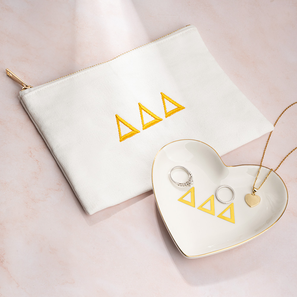 Plat à bijoux personnalisé avec lettre grecque et sac de rangement en toile Sororité Cadeau de fête pour les sœurs et les amis | Callie × Affinity Licensing