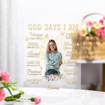 Personalized Butterfly Floral Bible God Says I Am Transparent Acrylic Plaque with Base and Name Birthday Religious Baptism Gift for Christians