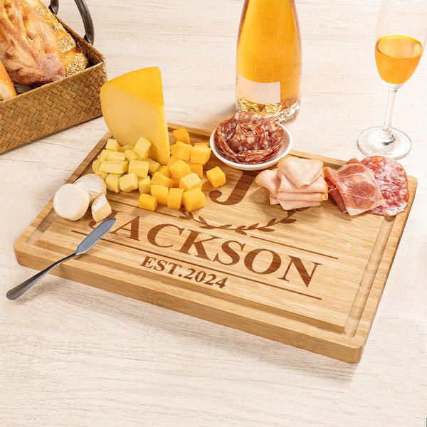 Personalized Laurel Wreath FSC Bamboo Engraved Monogrammed Charcuterie Cutting Board with Juice Groove Housewarming Birthday Gift for Family