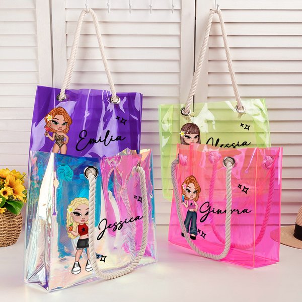 Borsa tote personalizzata impermeabile trasparente neon laser stile Y2K con personaggio cartone animato e nome regalo di compleanno per donne