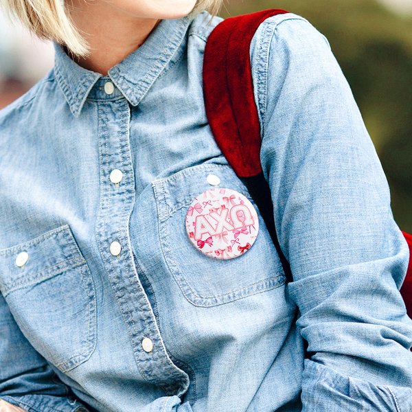 Personalized Coquette Bow Greek Letter Sorority Button Pin Badge Game Night Party Accessories Gift for Sister Friend | Callie × Affinity Licensing