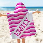 Serviette de Plage à Capuche Personnalisée avec Nom et Design de Rayures Ondulées Essentiel de Vacances d'Été Cadeau pour Enfant